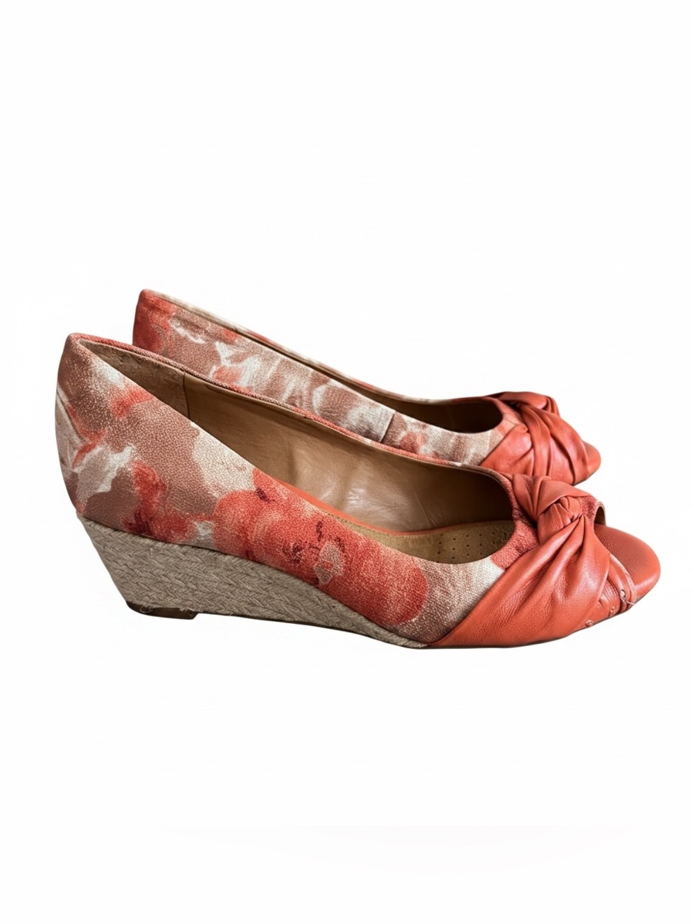 Michelle D "Ellena" Floral & Coral Leather Peep Toe Wedge Sandals - Size 8